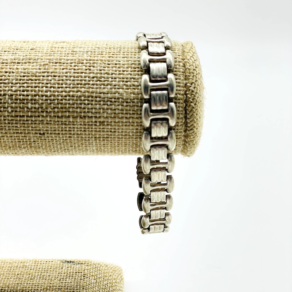 Vintage Silver Tone Geometric Link Bracelet Art Deco Statement Jewelry